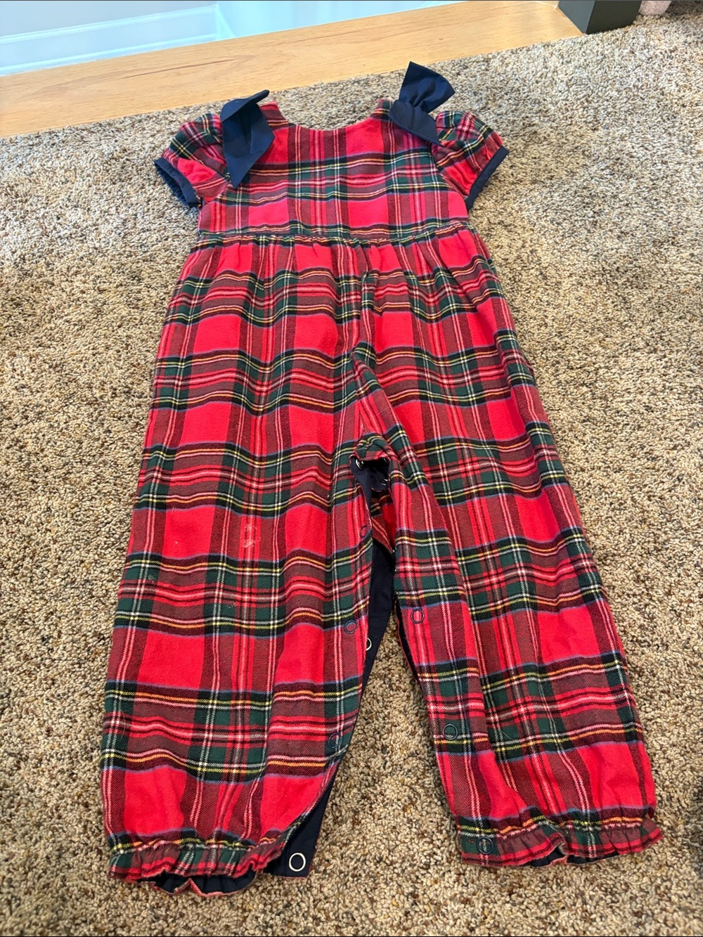 The Beaufort Bonnet Company Red Plaid Footie with Navy Bows
